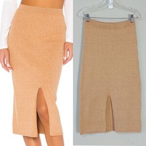 Free People Skyline Front Slit Pencil Ribbed Knit Midi Skirt Large Beige Bodycon